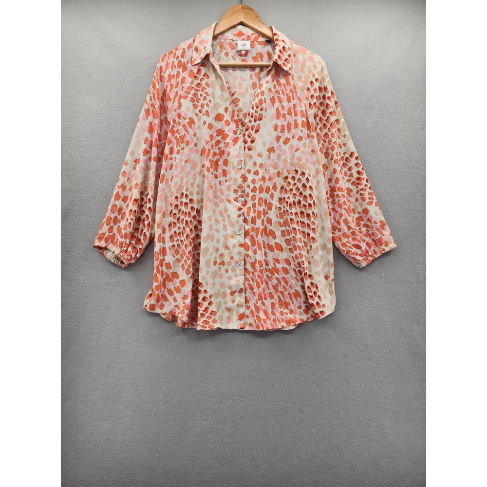Cabi 6081 Orange Pink Abstract Animal Print Button Down Blouse Top Large 3/4 Slv